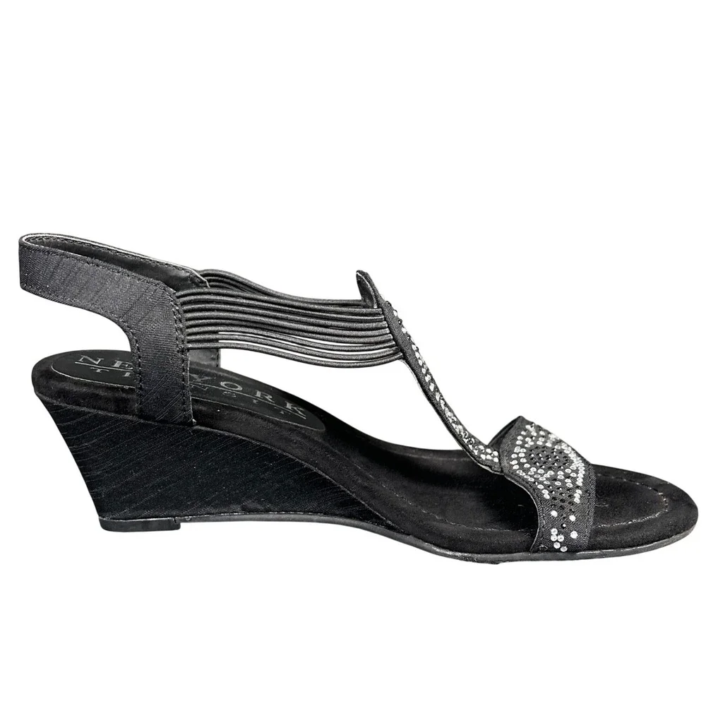 New York Transit Womens Black Rhinestone‎ T-Strap Wedge Sandals Size 5.5M